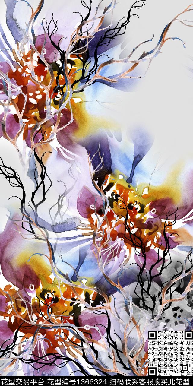 水彩花卉手绘数码印花华亿平台下载（图片编号: 1366324） - 瓦栏（Walan）