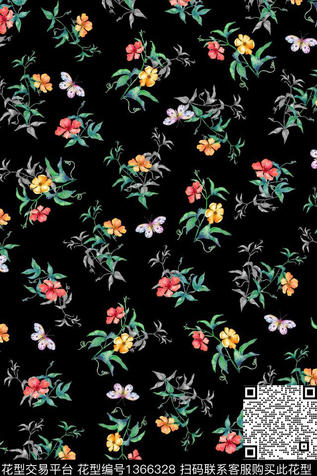 黑底花卉花卉小碎花数码印花华亿平台下载（图片编号: 1366328） - 瓦栏（Walan）