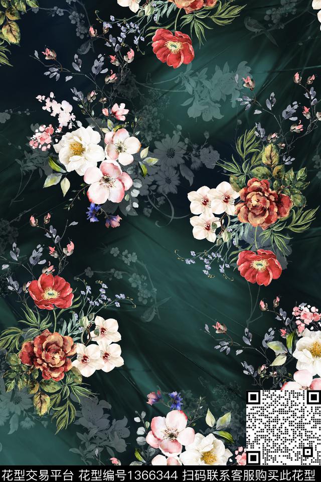 彩底花卉水彩香云纱数码印花华亿平台下载（图片编号: 1366344） - 瓦栏（Walan）