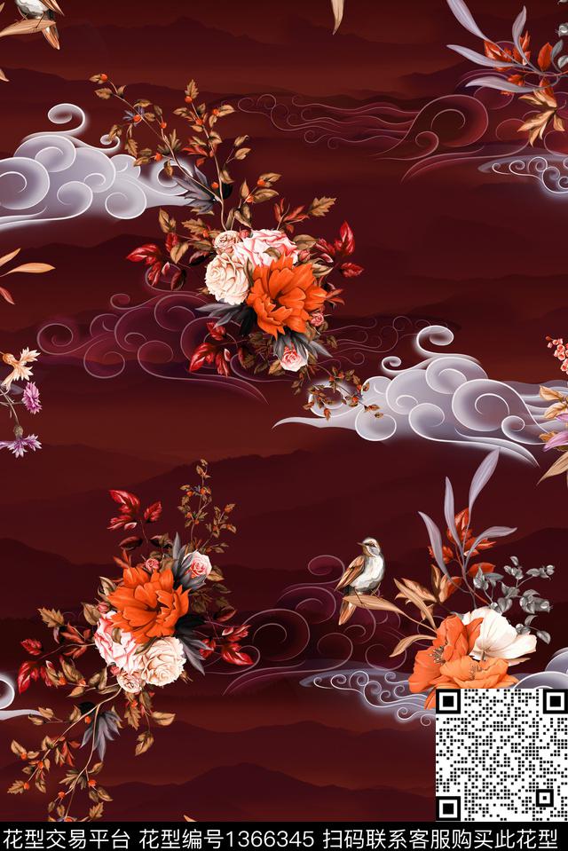 祥云香云纱吉祥图案数码印花华亿平台下载（图片编号: 1366345） - 瓦栏（Walan）