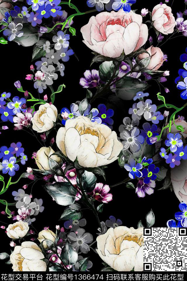 花卉香云纱真丝数码印花华亿平台下载（图片编号: 1366474） - 瓦栏（Walan）