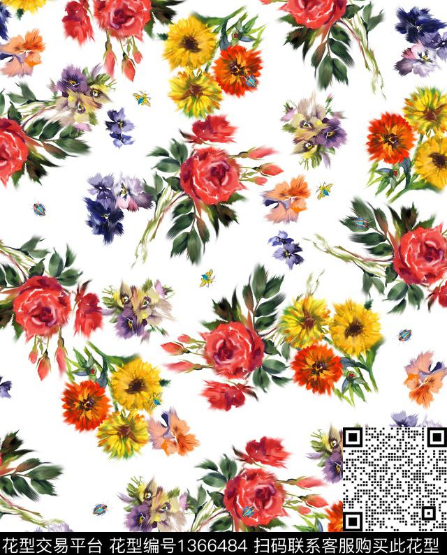 大牌风休闲水彩花卉数码印花华亿平台下载（图片编号: 1366484） - 瓦栏（Walan）