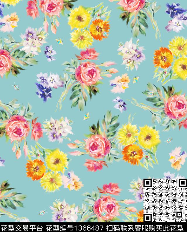 大牌风休闲水彩花卉数码印花华亿平台下载（图片编号: 1366487） - 瓦栏（Walan）