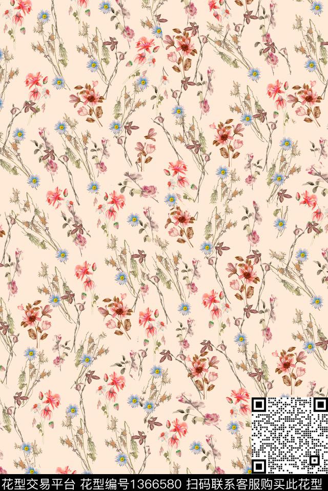文艺水彩花卉数码印花华亿平台下载（图片编号: 1366580） - 瓦栏（Walan）