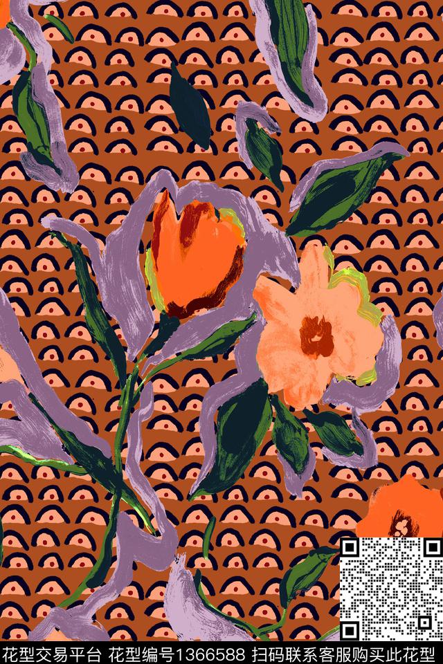 几何花卉花卉大牌风数码印花华亿平台下载（图片编号: 1366588） - 瓦栏（Walan）