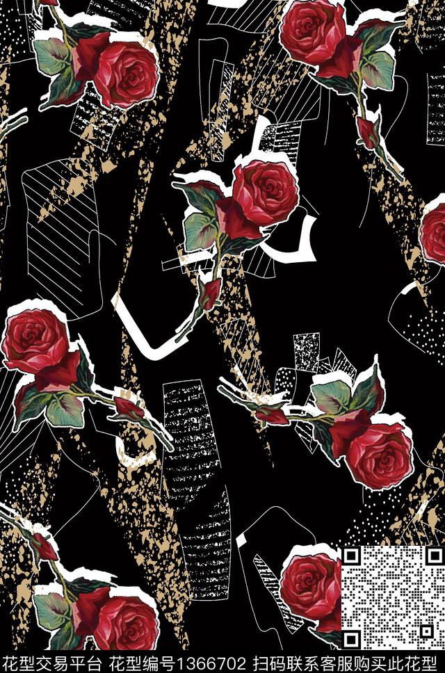 几何抽象花卉玫瑰花数码印花华亿平台下载（图片编号: 1366702） - 瓦栏（Walan）