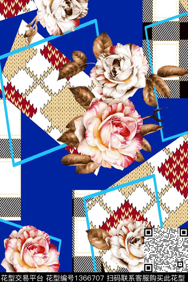 几何格子花卉数码印花华亿平台下载（图片编号: 1366707） - 瓦栏（Walan）