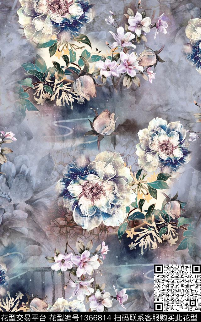 花卉手绘中国风数码印花华亿平台下载（图片编号: 1366814） - 瓦栏（Walan）