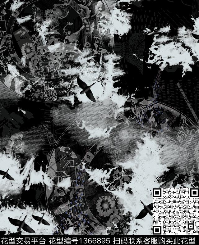 复古抽象男装大牌风数码印花华亿平台下载（图片编号: 1366895） - 瓦栏（Walan）