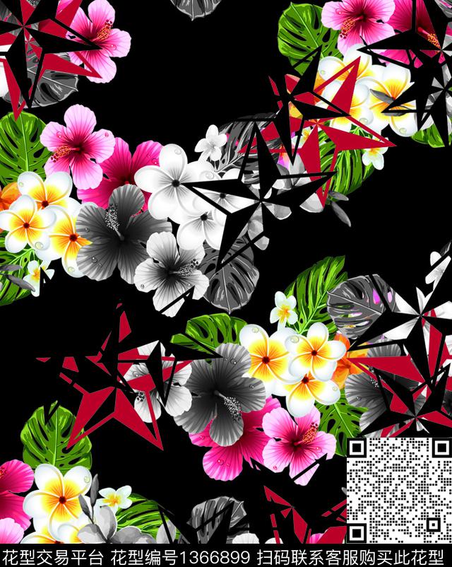 热带华亿平台五角星手绘花卉数码印花华亿平台下载（图片编号: 1366899） - 瓦栏（Walan）