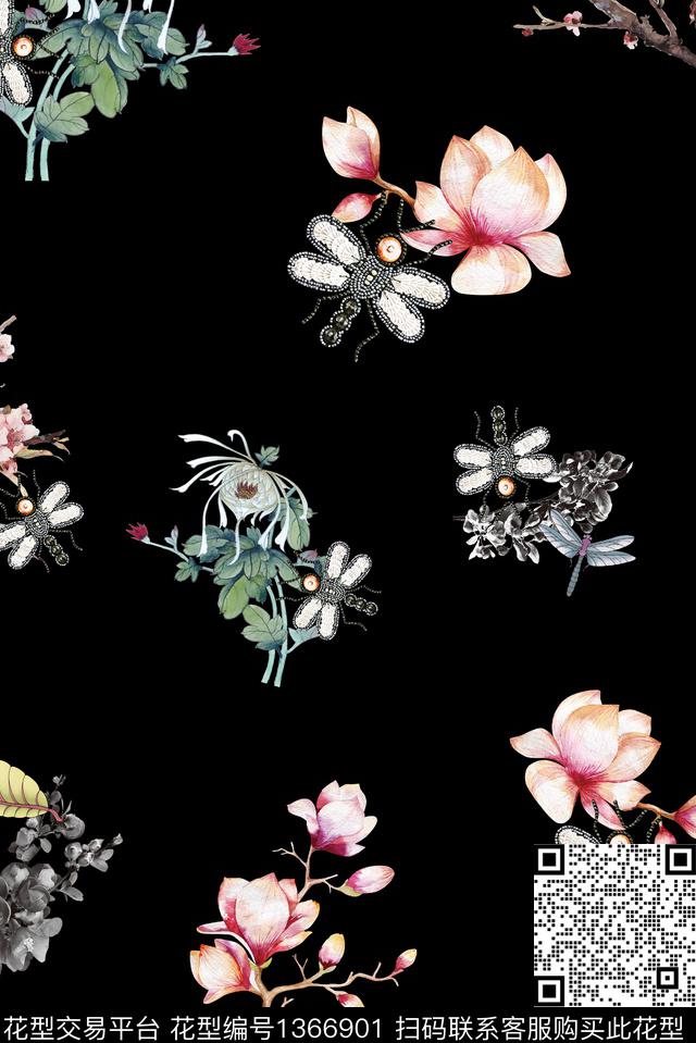 玉兰花蜻蜓数码印花华亿平台下载（图片编号: 1366901） - 瓦栏（Walan）