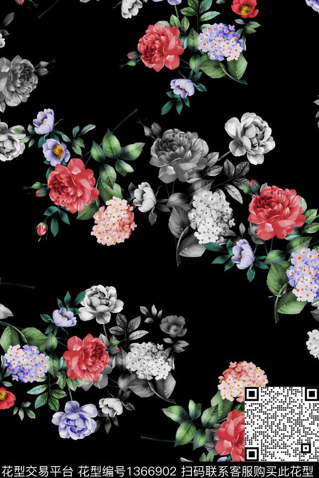 抽象花卉牡丹手绘花卉数码印花华亿平台下载（图片编号: 1366902） - 瓦栏（Walan）