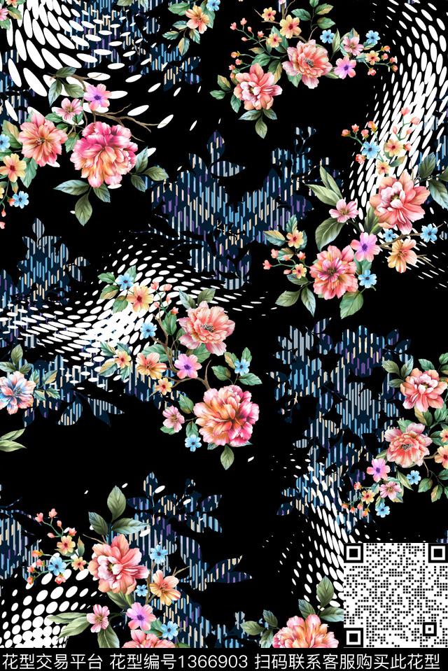 手绘花卉大牌风数码印花华亿平台下载（图片编号: 1366903） - 瓦栏（Walan）