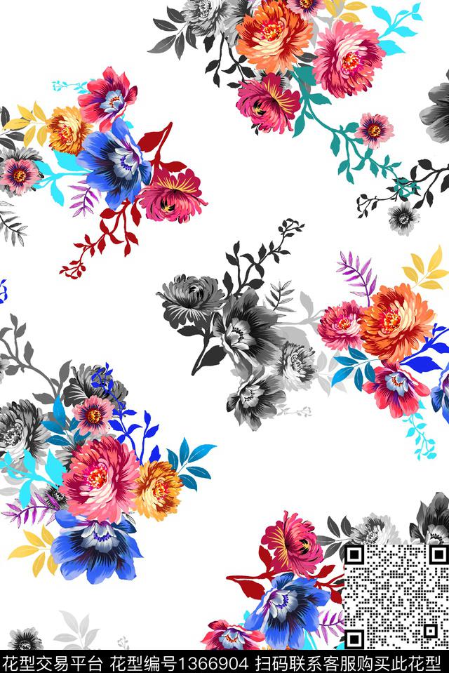 灰色花小清新手绘花卉数码印花华亿平台下载（图片编号: 1366904） - 瓦栏（Walan）