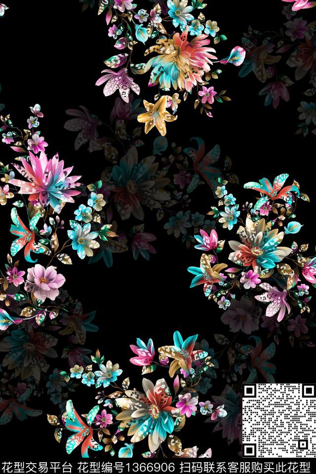 灰色花手绘花卉向日葵数码印花华亿平台下载（图片编号: 1366906） - 瓦栏（Walan）