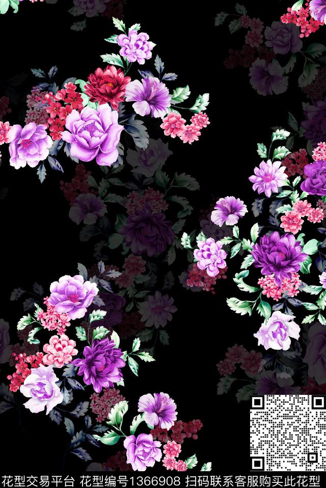 抽象花卉牡丹手绘花卉数码印花华亿平台下载（图片编号: 1366908） - 瓦栏（Walan）