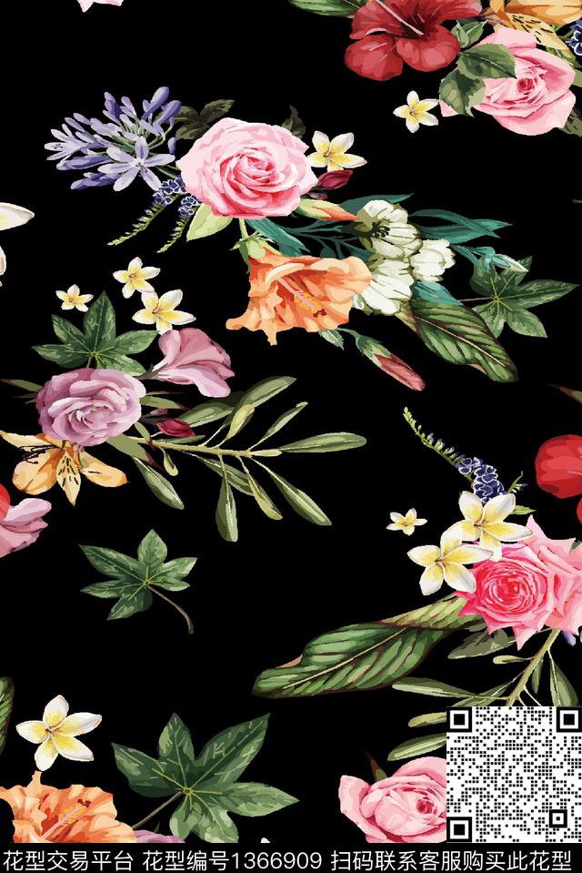 手绘花卉玫瑰花马蹄莲数码印花华亿平台下载（图片编号: 1366909） - 瓦栏（Walan）
