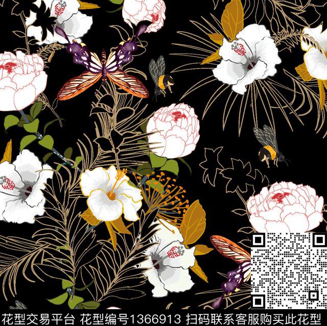 花卉蝴蝶线条花卉手绘花卉数码印花华亿平台下载（图片编号: 1366913） - 瓦栏（Walan）