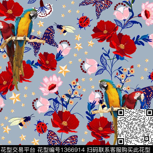 蜜蜂花卉蝴蝶星星数码印花华亿平台下载（图片编号: 1366914） - 瓦栏（Walan）