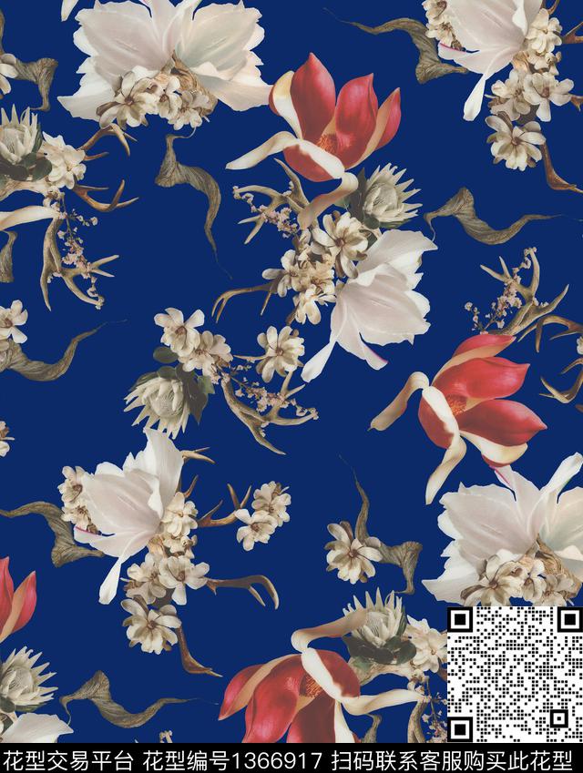 抽象手绘花卉玉兰花数码印花华亿平台下载（图片编号: 1366917） - 瓦栏（Walan）