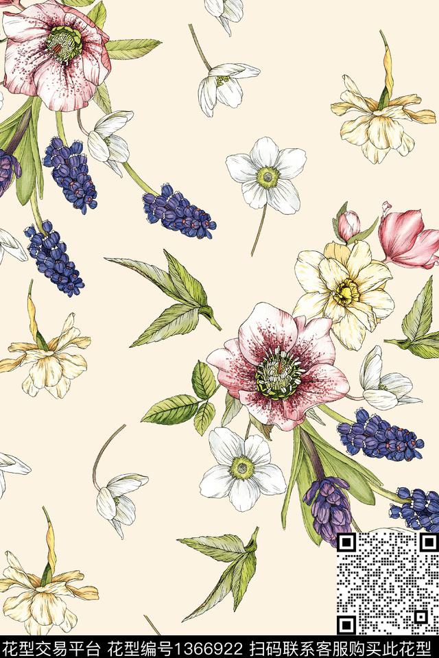 复古手绘花卉彩铅数码印花华亿平台下载（图片编号: 1366922） - 瓦栏（Walan）