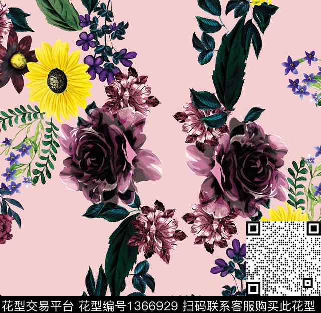 手绘玫瑰数码印花华亿平台下载（图片编号: 1366929） - 瓦栏（Walan）