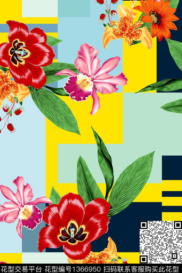 几何绿植树叶花卉数码印花华亿平台下载（图片编号: 1366950） - 瓦栏（Walan）