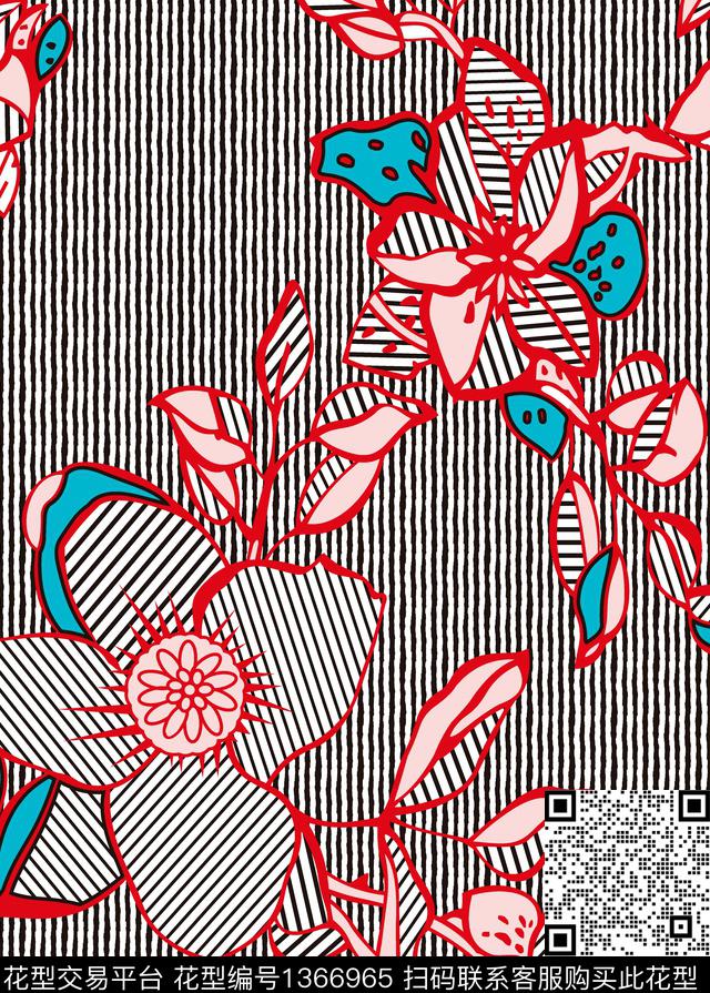 花卉大牌风条纹传统印花华亿平台下载（图片编号: 1366965） - 瓦栏（Walan）
