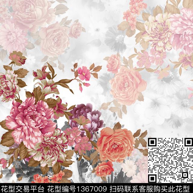方巾花卉手绘大花数码印花华亿平台下载（图片编号: 1367009） - 瓦栏（Walan）