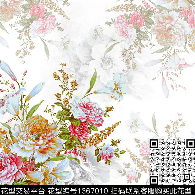 方巾花卉手绘花卉数码印花华亿平台下载（图片编号: 1367010） - 瓦栏（Walan）