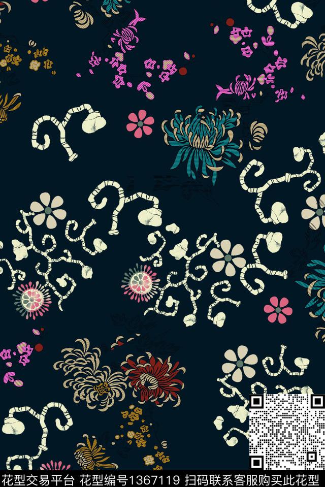 邹菊中国风花卉花纹数码印花华亿平台下载（图片编号: 1367119） - 瓦栏（Walan）