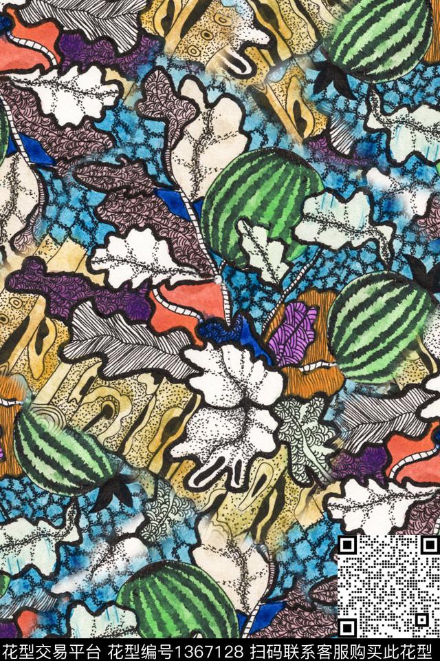 绿植树叶花卉抽象数码印花华亿平台下载（图片编号: 1367128） - 瓦栏（Walan）