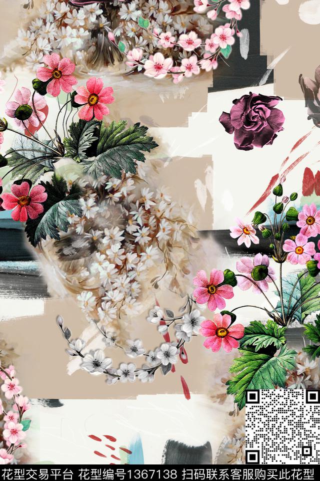 几何花卉大牌风数码印花华亿平台下载（图片编号: 1367138） - 瓦栏（Walan）