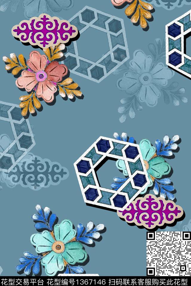 几何旗袍香云纱数码印花华亿平台下载（图片编号: 1367146） - 瓦栏（Walan）