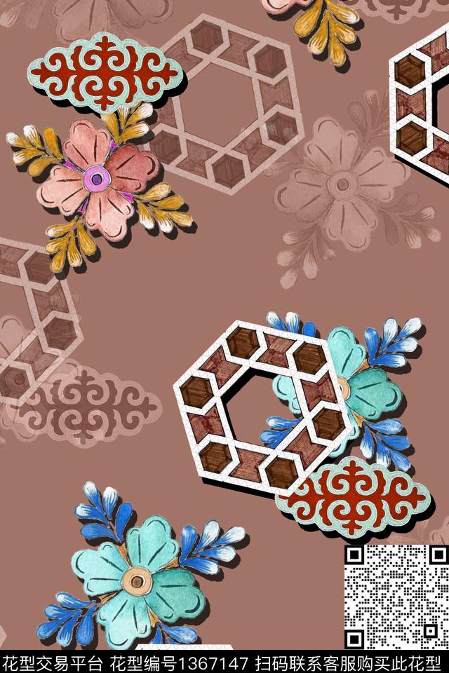 几何旗袍香云纱数码印花华亿平台下载（图片编号: 1367147） - 瓦栏（Walan）