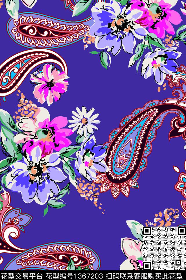 手绘花卉佩斯利复古风数码印花华亿平台下载（图片编号: 1367203） - 瓦栏（Walan）