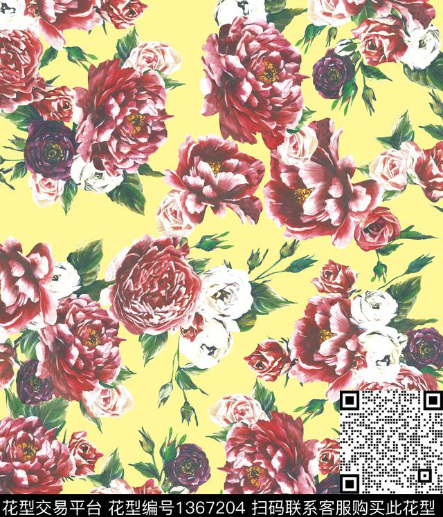 牡丹手绘花卉复古风数码印花华亿平台下载（图片编号: 1367204） - 瓦栏（Walan）