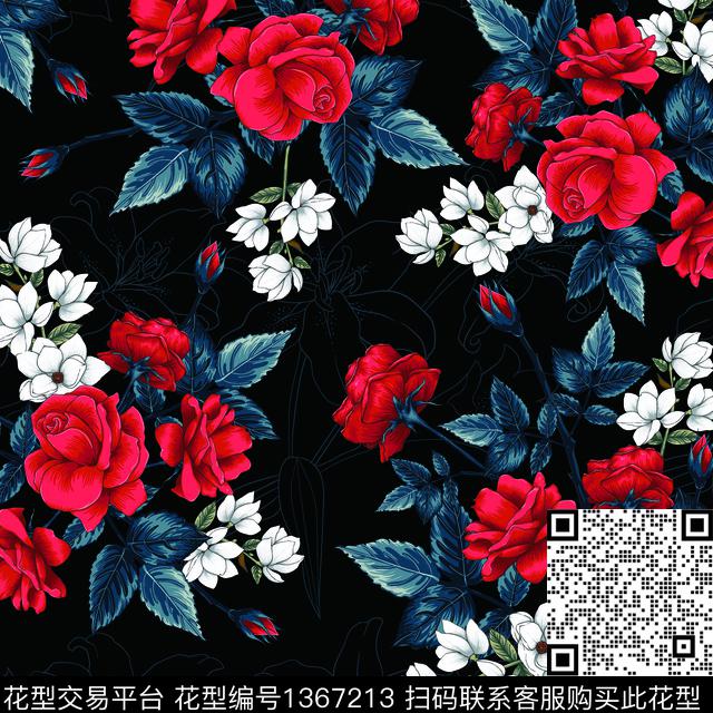 玉兰花玫瑰花复古风数码印花华亿平台下载（图片编号: 1367213） - 瓦栏（Walan）