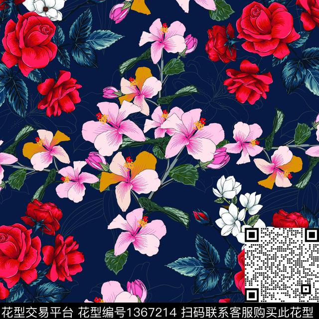 玫瑰花手绘花卉数码印花华亿平台下载（图片编号: 1367214） - 瓦栏（Walan）