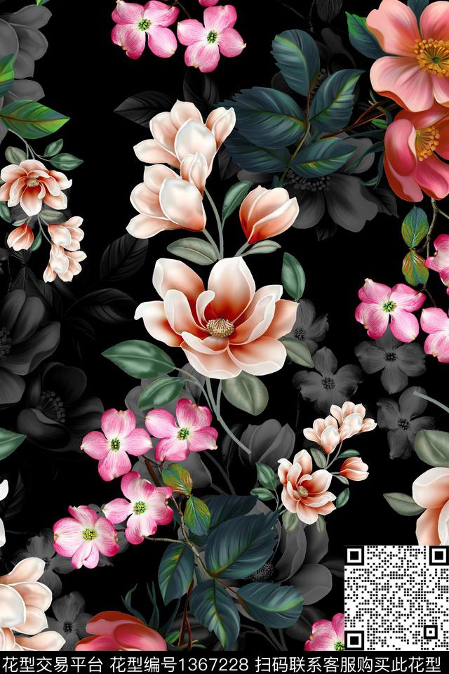 花卉香云纱真丝数码印花华亿平台下载（图片编号: 1367228） - 瓦栏（Walan）