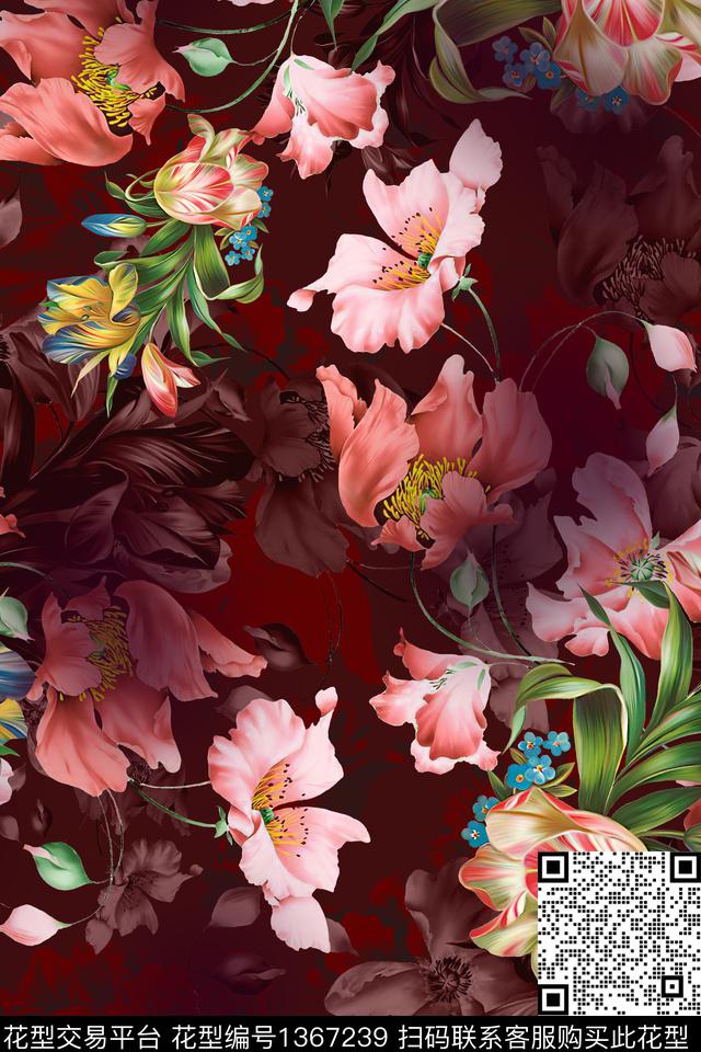 花卉香云纱真丝数码印花华亿平台下载（图片编号: 1367239） - 瓦栏（Walan）