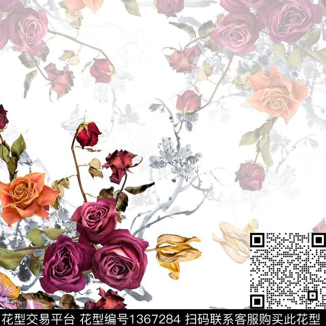 方巾玫瑰花花卉数码印花华亿平台下载（图片编号: 1367284） - 瓦栏（Walan）