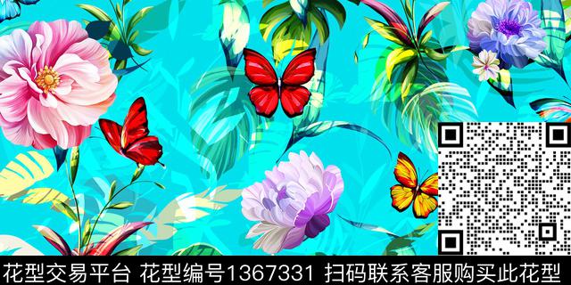 花卉蝴蝶牡丹手绘花卉数码印花华亿平台下载（图片编号: 1367331） - 瓦栏（Walan）
