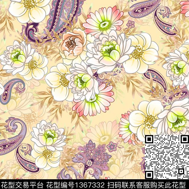 牡丹手绘花卉民族腰果数码印花华亿平台下载（图片编号: 1367332） - 瓦栏（Walan）