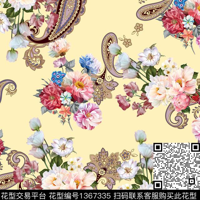 大牌风牡丹手绘花卉数码印花华亿平台下载（图片编号: 1367335） - 瓦栏（Walan）