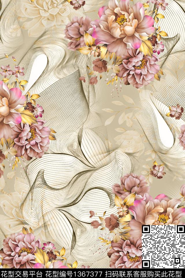 线条肌理花卉数码印花华亿平台下载（图片编号: 1367377） - 瓦栏（Walan）