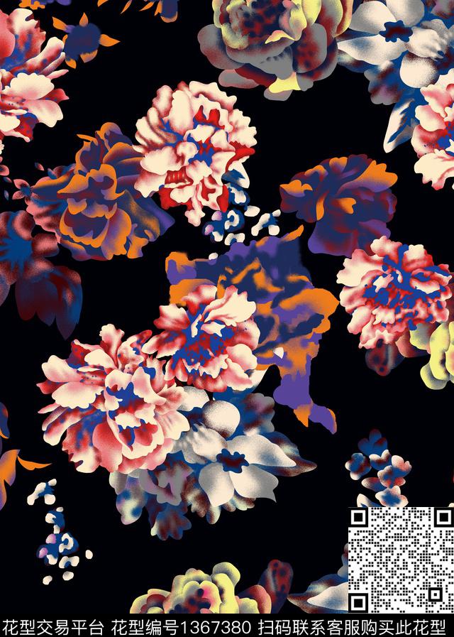 抽象手绘花卉数码印花华亿平台下载（图片编号: 1367380） - 瓦栏（Walan）