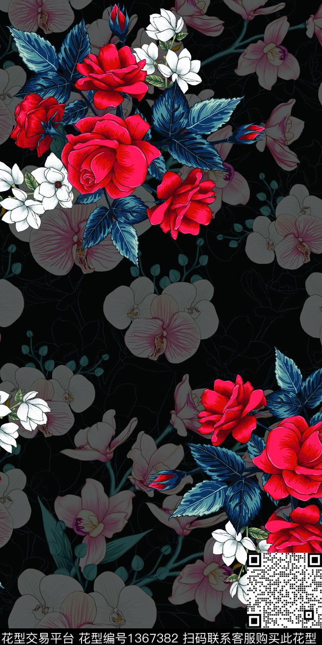 玫瑰花手绘花卉数码印花华亿平台下载（图片编号: 1367382） - 瓦栏（Walan）