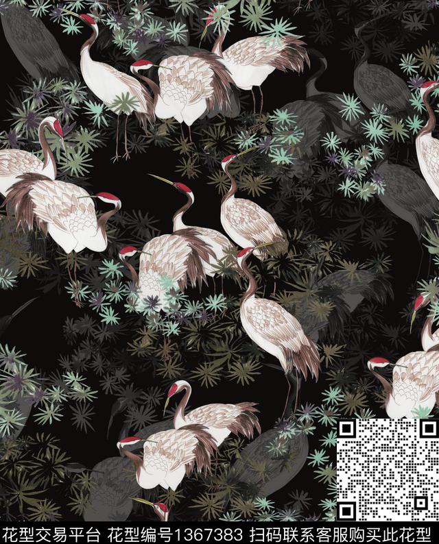 仙鹤复古树数码印花华亿平台下载（图片编号: 1367383） - 瓦栏（Walan）