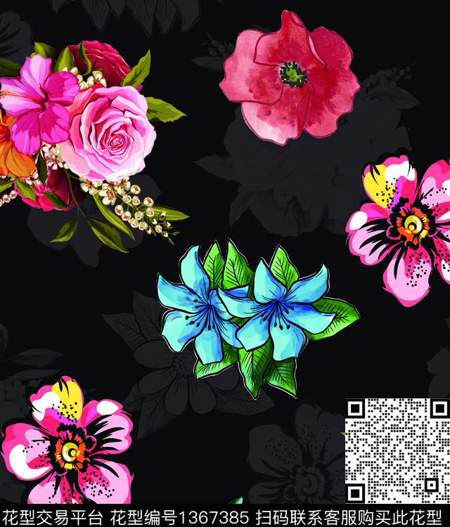 玫瑰花手绘花卉数码印花华亿平台下载（图片编号: 1367385） - 瓦栏（Walan）